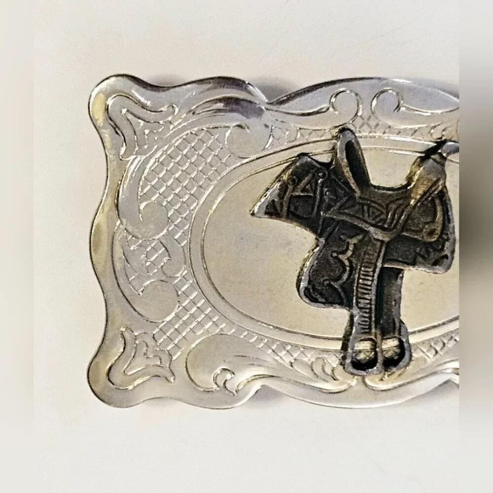 Vintage Western Saddle Belt Buckle Silver Tone Brass Cowboy Made in USA